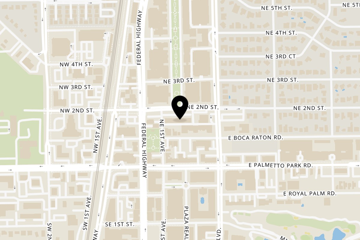 Map showing the location of Souvlaki Fresh on 122 NE 2nd St in Boca Raton